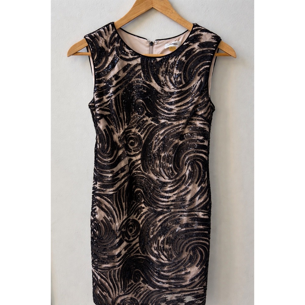 Calvin Klein Black Sequin Swirl Sheath Dress Nude Lining Sleeveless‎ Size 8